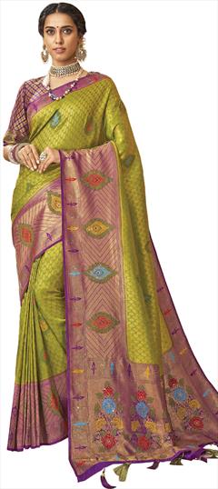 Traditional, Wedding Green, Purple and Violet color Saree in Brocade fabric with South Stone, Weaving work : 1826797