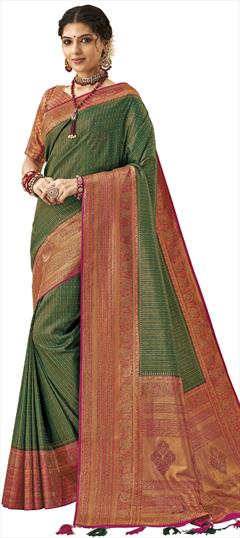 Traditional, Wedding Green, Red and Maroon color Saree in Brocade fabric with South Stone, Weaving work : 1826800