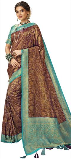 Traditional, Wedding Beige and Brown color Saree in Brocade fabric with South Stone, Weaving work : 1826801