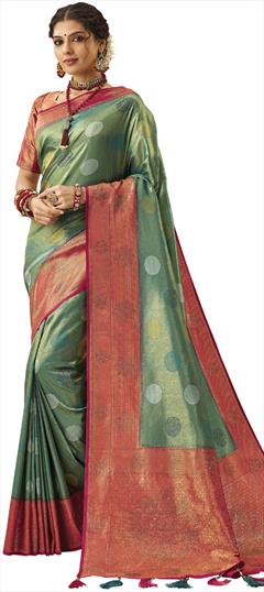 Traditional, Wedding Green, Red and Maroon color Saree in Brasso fabric with South Stone, Weaving work : 1826802