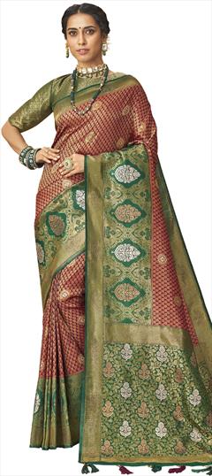 Traditional, Wedding Green, Red and Maroon color Saree in Brocade fabric with South Stone, Weaving work : 1826805
