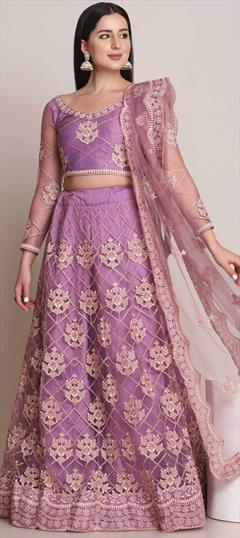 Festive, Reception Purple and Violet color Lehenga in Net fabric with A Line Embroidered work : 1826814
