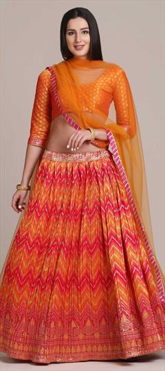 Festive, Reception Orange, Pink and Majenta color Lehenga in Blended fabric with A Line Weaving work : 1826822