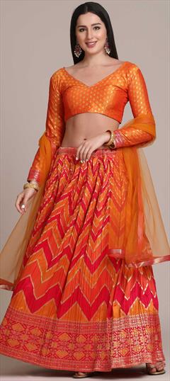 Festive, Wedding Orange, Pink and Majenta color Lehenga in Jacquard, Silk fabric with A Line Weaving work : 1826824