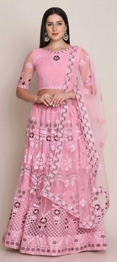 Festive, Reception Pink and Majenta color Lehenga in Net fabric with A Line Embroidered, Resham, Thread work : 1826836