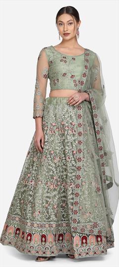 Festive, Party Wear Green color Lehenga in Net fabric with A Line Embroidered, Stone, Thread work : 1826941