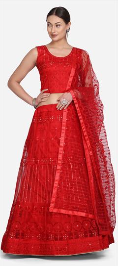 Festive, Party Wear Red and Maroon color Lehenga in Net fabric with A Line Embroidered, Thread work : 1826969