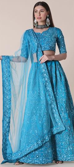 Mehendi Sangeet, Reception Blue color Lehenga in Taffeta Silk fabric with A Line Embroidered, Mirror, Resham, Stone, Thread work : 1826977