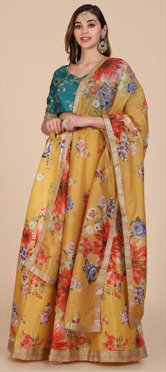 Festive, Reception Gold color Lehenga in Bangalore Silk fabric with A Line Floral, Printed work : 1826978