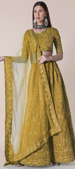 Mehendi Sangeet, Reception Gold color Lehenga in Taffeta Silk fabric with A Line Embroidered, Mirror, Resham, Stone, Thread work : 1826980