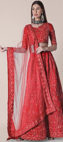 Mehendi Sangeet, Reception Red and Maroon color Lehenga in Taffeta Silk fabric with A Line Embroidered, Mirror, Resham, Stone, Thread work : 1826983