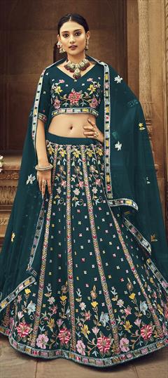 Mehendi Sangeet, Reception Green color Lehenga in Georgette fabric with A Line Embroidered, Sequence, Thread work : 1827048