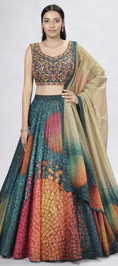 Festive, Reception Multicolor color Lehenga in Art Silk fabric with A Line Bugle Beads, Digital Print, Embroidered, Thread work : 1827092