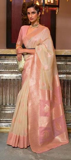 Casual, Traditional Beige and Brown color Saree in Linen fabric with Bengali Weaving work : 1827103