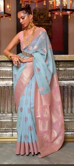 Casual, Traditional Blue color Saree in Linen fabric with Bengali Weaving work : 1827106