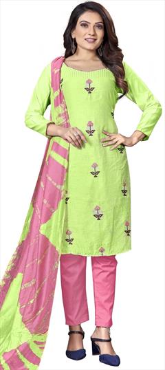 Party Wear, Reception Green color Salwar Kameez in Cotton fabric with Straight Embroidered, Sequence, Thread work : 1827216