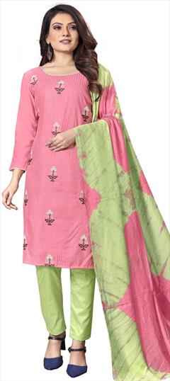 Party Wear, Reception Pink and Majenta color Salwar Kameez in Cotton fabric with Straight Embroidered, Sequence, Thread work : 1827218