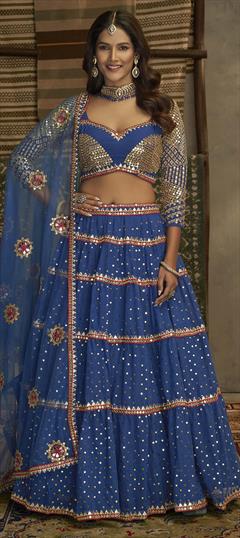 Mehendi Sangeet, Reception Blue color Lehenga in Georgette fabric with A Line Mirror, Sequence, Thread work : 1827233