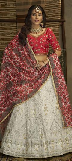 Mehendi Sangeet, Reception White and Off White color Lehenga in Georgette fabric with A Line Printed, Sequence, Thread work : 1827234