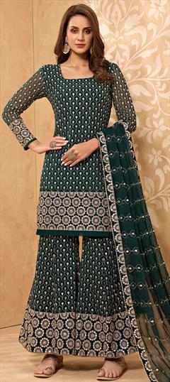Festive, Reception Green color Salwar Kameez in Georgette fabric with Palazzo Embroidered, Lace, Thread work : 1827576