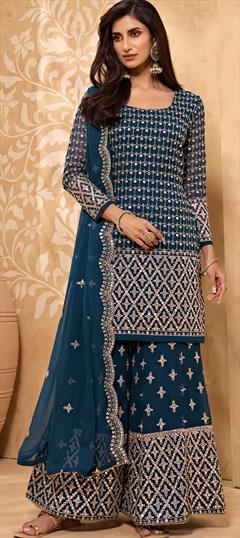 Festive, Reception Blue color Salwar Kameez in Georgette fabric with Palazzo Embroidered, Lace, Thread work : 1827584
