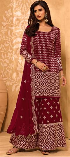 Festive, Reception Red and Maroon color Salwar Kameez in Georgette fabric with Palazzo Embroidered, Lace, Thread work : 1827586