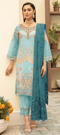 Festive, Party Wear Blue color Salwar Kameez in Georgette fabric with Straight Embroidered, Thread work : 1827775