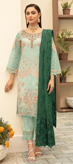 Festive, Party Wear Green color Salwar Kameez in Georgette fabric with Straight Embroidered, Thread work : 1827776