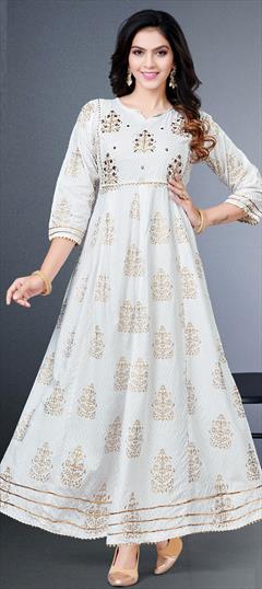 Casual White and Off White color Kurti in Rayon fabric with Anarkali, Long Sleeve Gota Patti, Printed work : 1827811