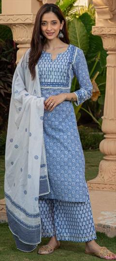 Festive, Party Wear Blue color Salwar Kameez in Cotton fabric with Palazzo, Straight Printed work : 1827977