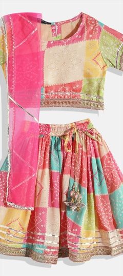 Multicolor color Kids Lehenga in Cotton, Net fabric with Bandhej, Gota Patti, Lace, Printed work : 1827980