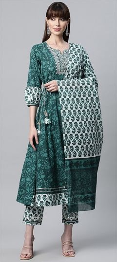Casual Green color Salwar Kameez in Cotton fabric with Anarkali Embroidered, Printed, Resham, Thread work : 1827994