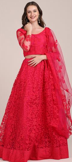 Party Wear, Reception Pink and Majenta color Lehenga in Net fabric with A Line Embroidered, Resham, Stone, Thread work : 1828029