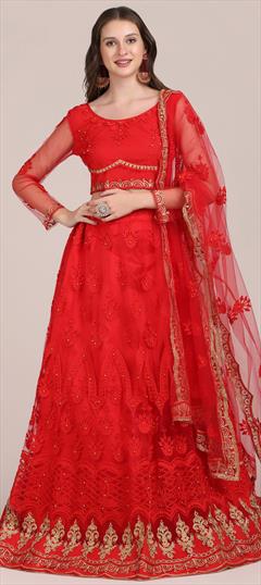 Party Wear, Reception Red and Maroon color Lehenga in Net fabric with A Line Embroidered, Resham, Stone, Thread work : 1828031