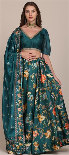 Party Wear, Reception Green color Lehenga in Chiffon fabric with A Line Floral, Printed work : 1828034