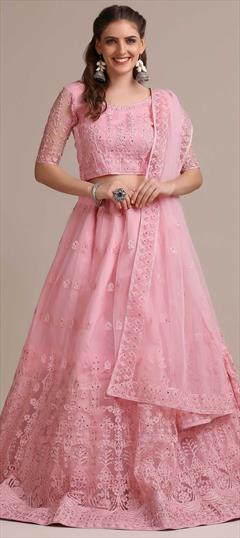 Engagement, Mehendi Sangeet Pink and Majenta color Lehenga in Tissue fabric with A Line Embroidered, Resham, Stone work : 1828082