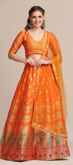 Engagement, Mehendi Sangeet Orange color Lehenga in Jacquard fabric with A Line Weaving work : 1828092