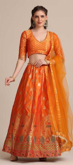 Engagement, Mehendi Sangeet Orange color Lehenga in Jacquard fabric with A Line Weaving work : 1828094