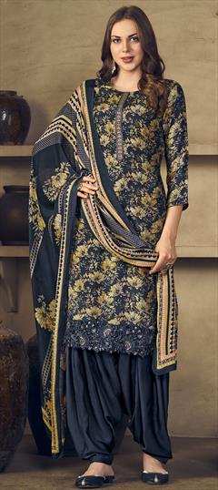 Festive, Party Wear Blue color Salwar Kameez in Muslin fabric with Patiala Digital Print, Embroidered, Floral, Resham work : 1828099