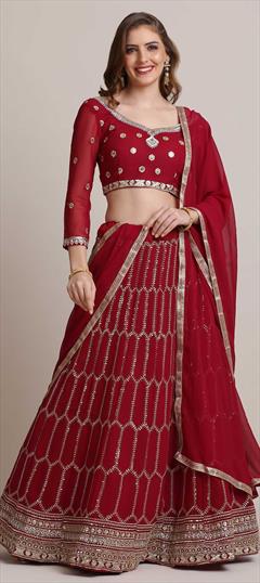 Engagement, Mehendi Sangeet Red and Maroon color Lehenga in Jacquard fabric with A Line Sequence work : 1828100