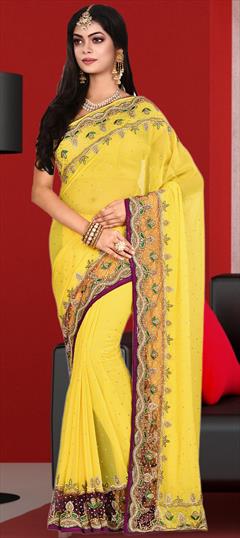 Reception, Wedding Yellow color Saree in Georgette fabric with Classic Cut Dana, Resham, Stone, Thread work : 1828135