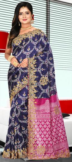 Traditional, Wedding Blue color Saree in Kanchipuram Silk, Silk fabric with South Stone, Thread, Zari work : 1828139