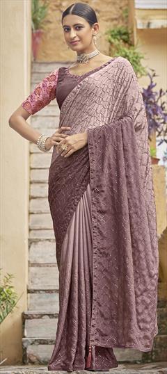 Bollywood, Designer, Festive, Party Wear Pink and Majenta color Saree in Chiffon fabric with Classic Embroidered, Sequence, Thread work : 1828206