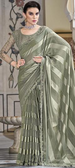 Designer, Reception Green color Saree in Chiffon fabric with Classic Sequence, Thread work : 1828258