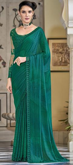 Designer, Reception Green color Saree in Chiffon fabric with Classic Sequence, Thread work : 1828262