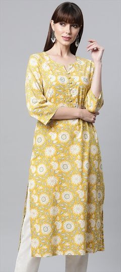 Casual Yellow color Kurti in Cotton fabric with Long Sleeve, Straight Floral, Printed work : 1828375