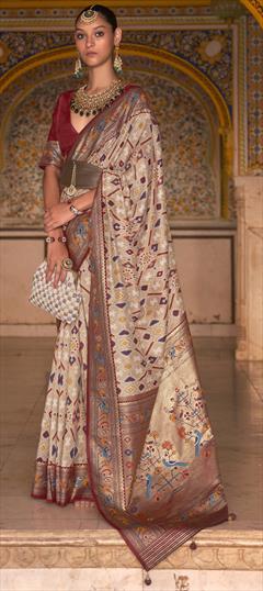 Engagement, Traditional Beige and Brown color Saree in Art Silk, Silk fabric with South Printed, Weaving work : 1828379