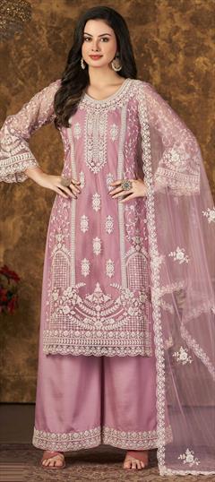 Festive, Party Wear Pink and Majenta color Salwar Kameez in Net fabric with Pakistani, Palazzo, Straight Embroidered, Thread, Zari work : 1828391