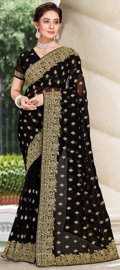 Festive, Party Wear, Reception Black and Grey color Saree in Georgette fabric with Classic Embroidered, Stone, Thread, Zari work : 1828395