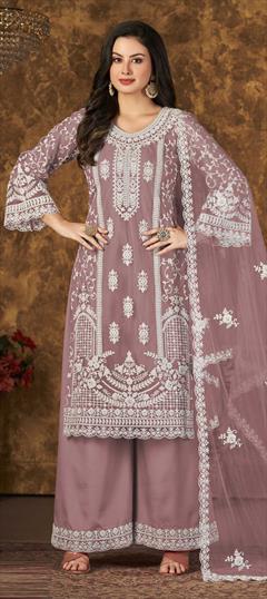 Festive, Party Wear Pink and Majenta color Salwar Kameez in Net fabric with Pakistani, Palazzo, Straight Embroidered, Thread, Zari work : 1828396